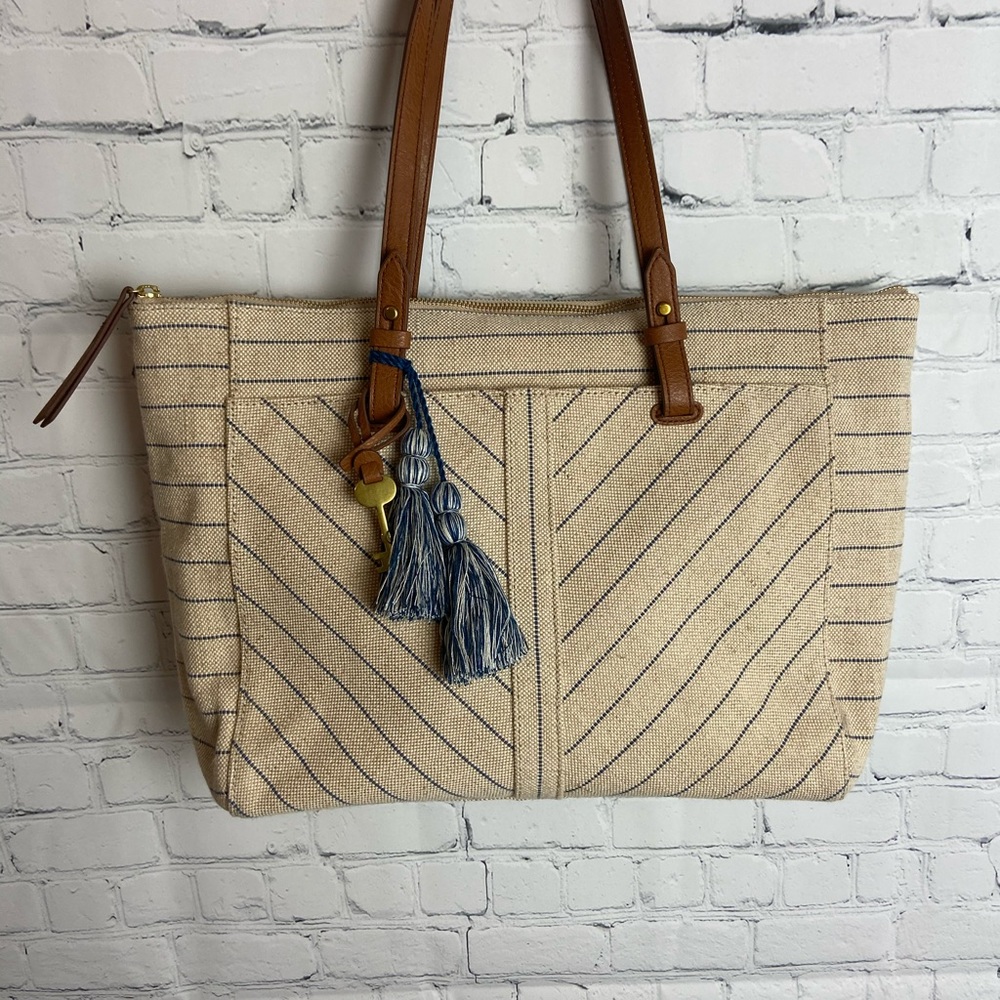 Fossil Rachel Tote Bag Zipper Striped Blue